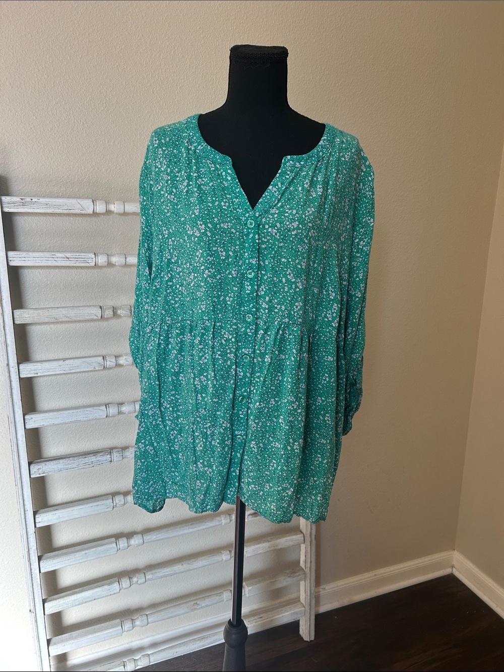 Cynthia Rowley Teal Green Floral Button-Up Tunic